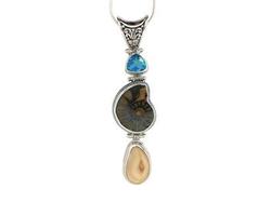 Sterling Silver Elk Ivory Pendant With Blue Quartz & Ammonite